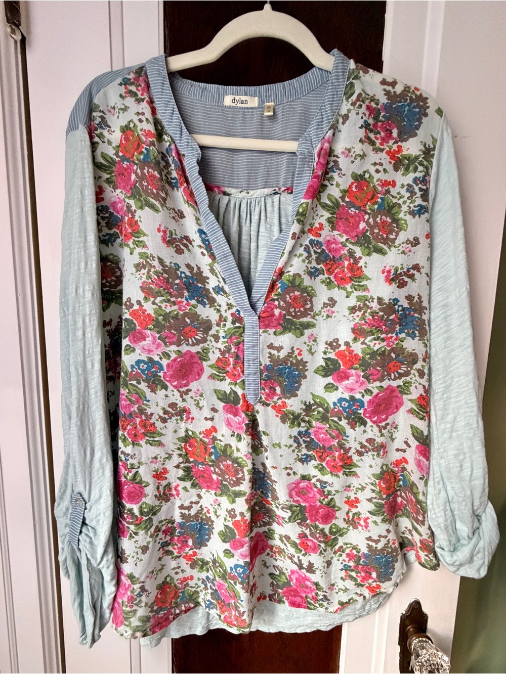 dylan Light Blue Floral Tunic with Pink and Green Accents